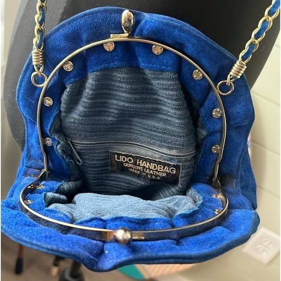 💙LIDO Handbag,Vibrant Blue Suede Leather, Made in USA,Blue/Gold Woven Chain,EUC - Picture 4 of 12